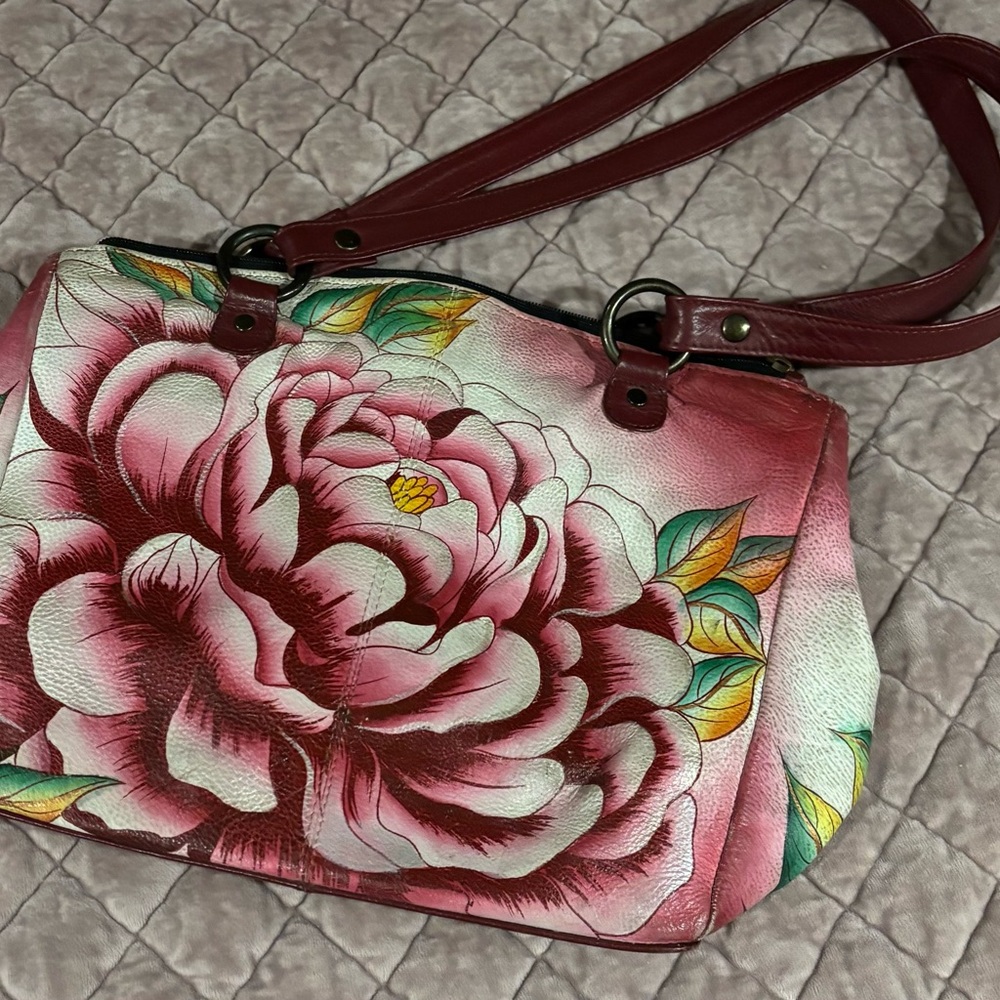 Anuschka Floral Pink Shoulder Bag with Leather Straps